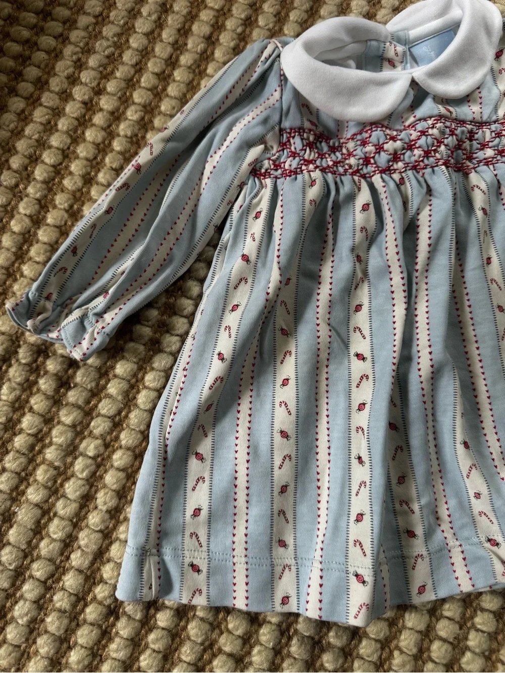 bella bliss Light Blue & White Striped Smocked Infant Dress with Red Candy Canes